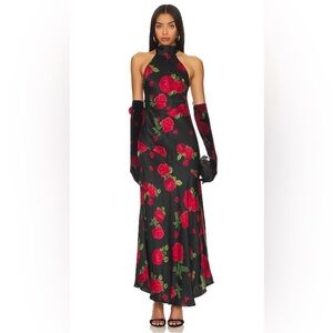Floral Halter Maxi Dress - Black and Red